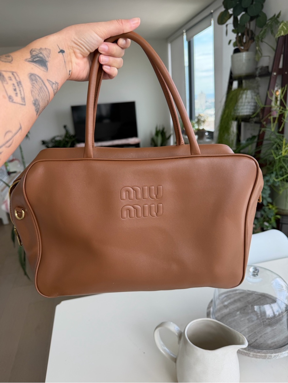 Miu Miu Tan Leather Zip-Top Handbag with Gold Hardware - Picture 7 of 7